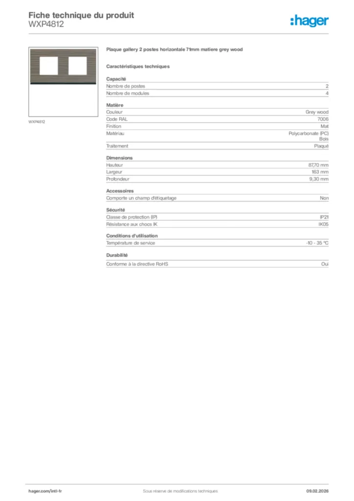 Image Hager Fiche technique du produit WXP4812 | Hager Afrique