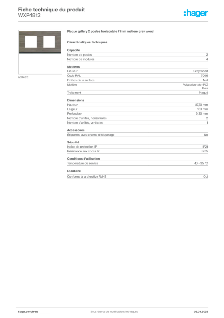 Image Hager Fiche technique du produit WXP4812 | Hager Belgique