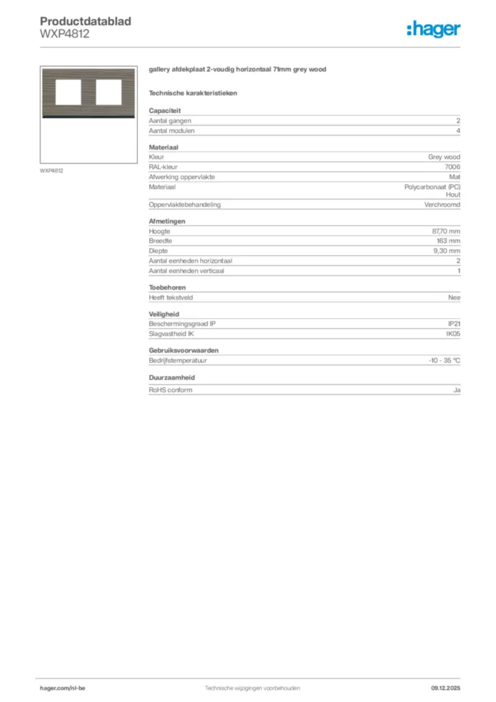 Afbeelding Hager Productdatablad WXP4812 | Hager Belgium