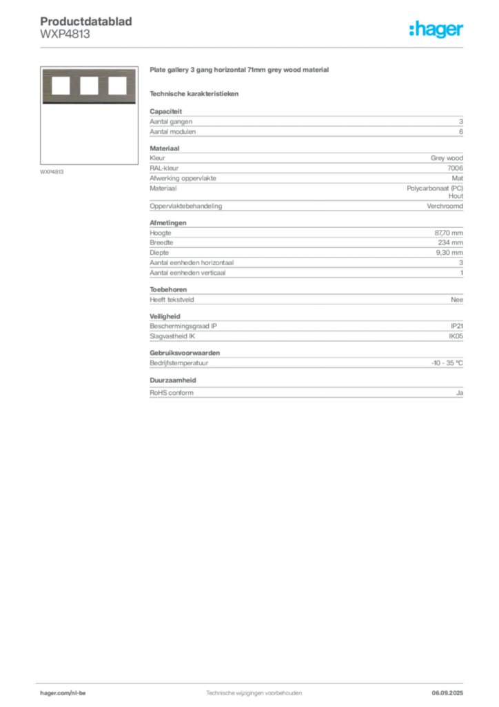 Afbeelding Hager Productdatablad WXP4813 | Hager Belgium
