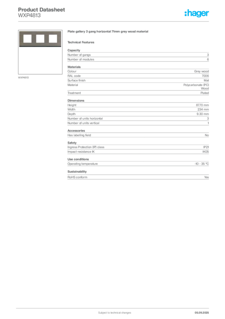 Image Hager Product data sheet WXP4813  | Hager
