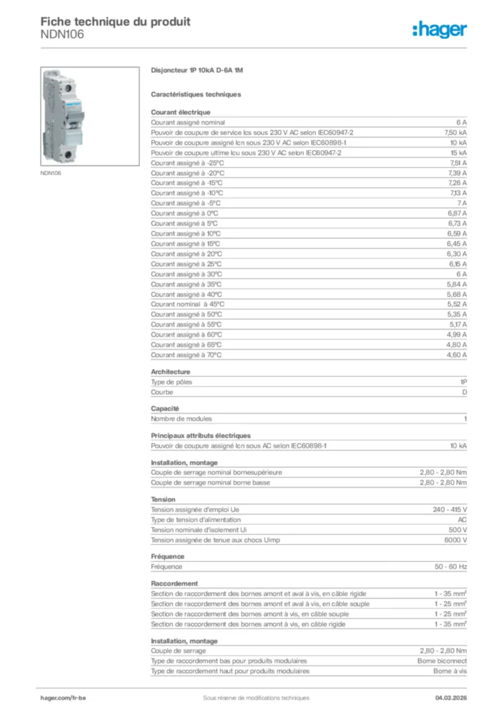 Image Hager Fiche technique du produit NDN106 | Hager Belgique