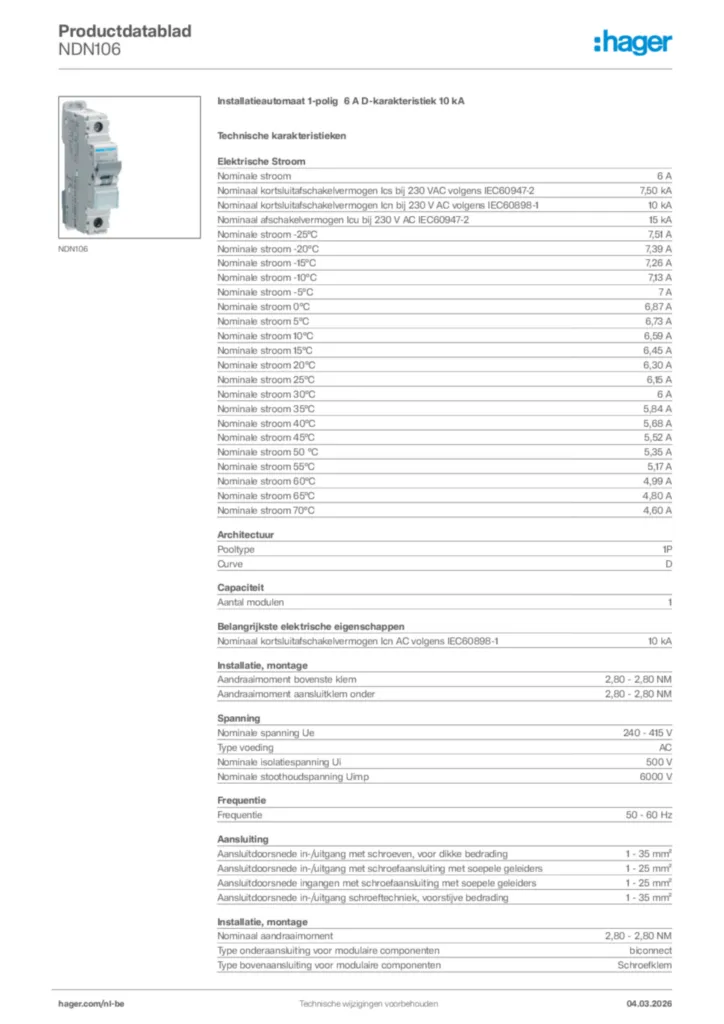 Afbeelding Hager Productdatablad NDN106 | Hager Belgium