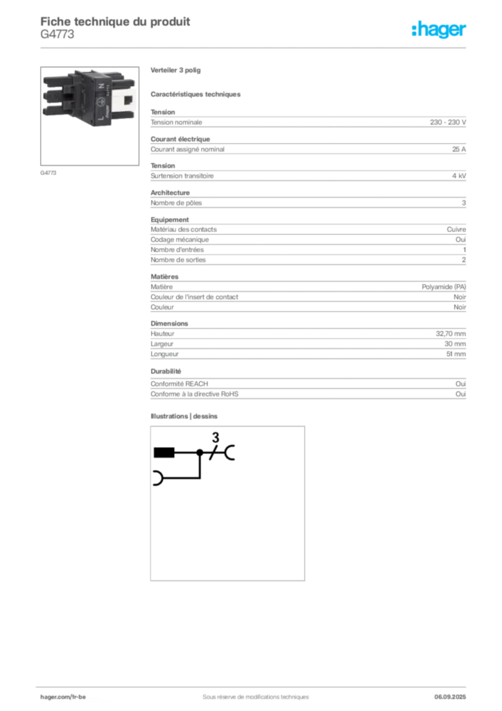 Image Hager Fiche technique du produit G4773 | Hager Belgique