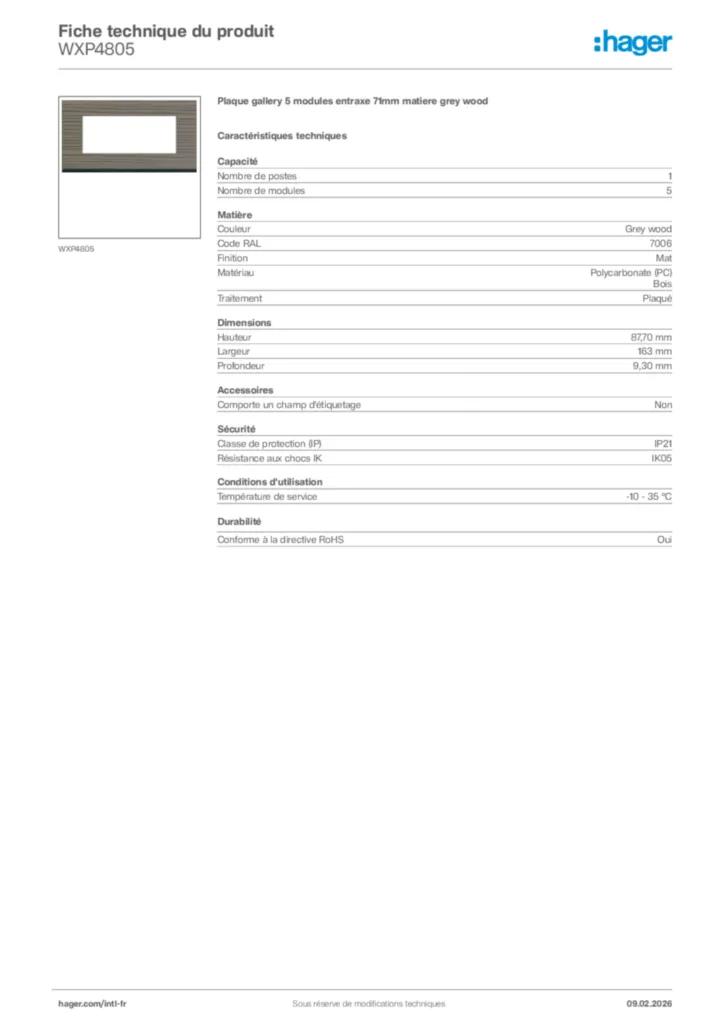 Image Hager Fiche technique du produit WXP4805 | Hager Afrique