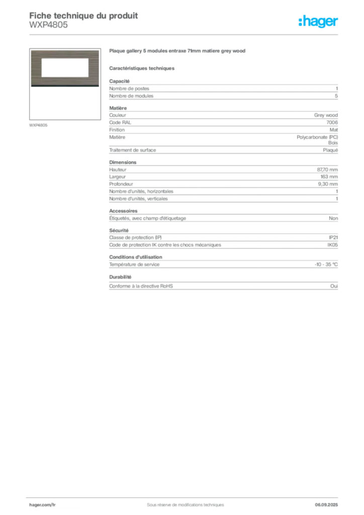 Image Hager Fiche technique du produit WXP4805 | Hager France