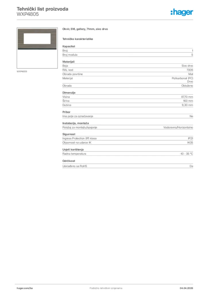 Slika Hager Tehnički list proizvoda WXP4805  | Hager