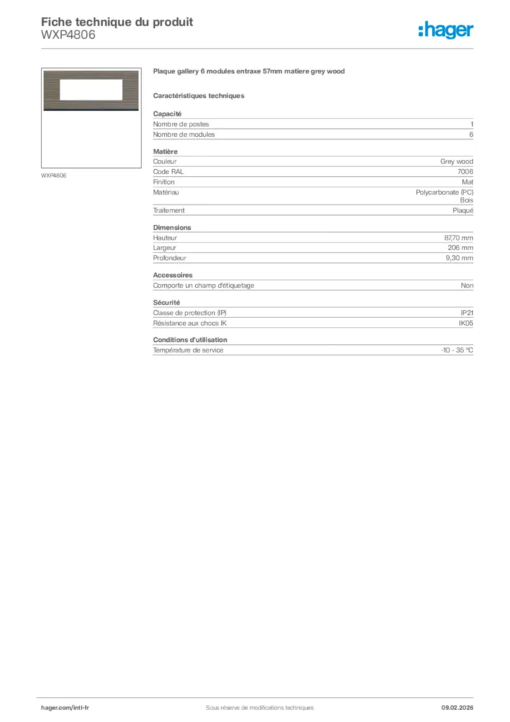 Image Hager Fiche technique du produit WXP4806 | Hager Afrique