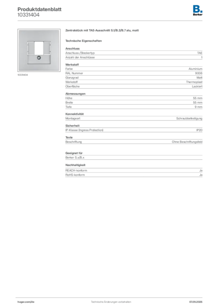 Bild Berker Produktdatenblatt 10331404 | Hager Deutschland