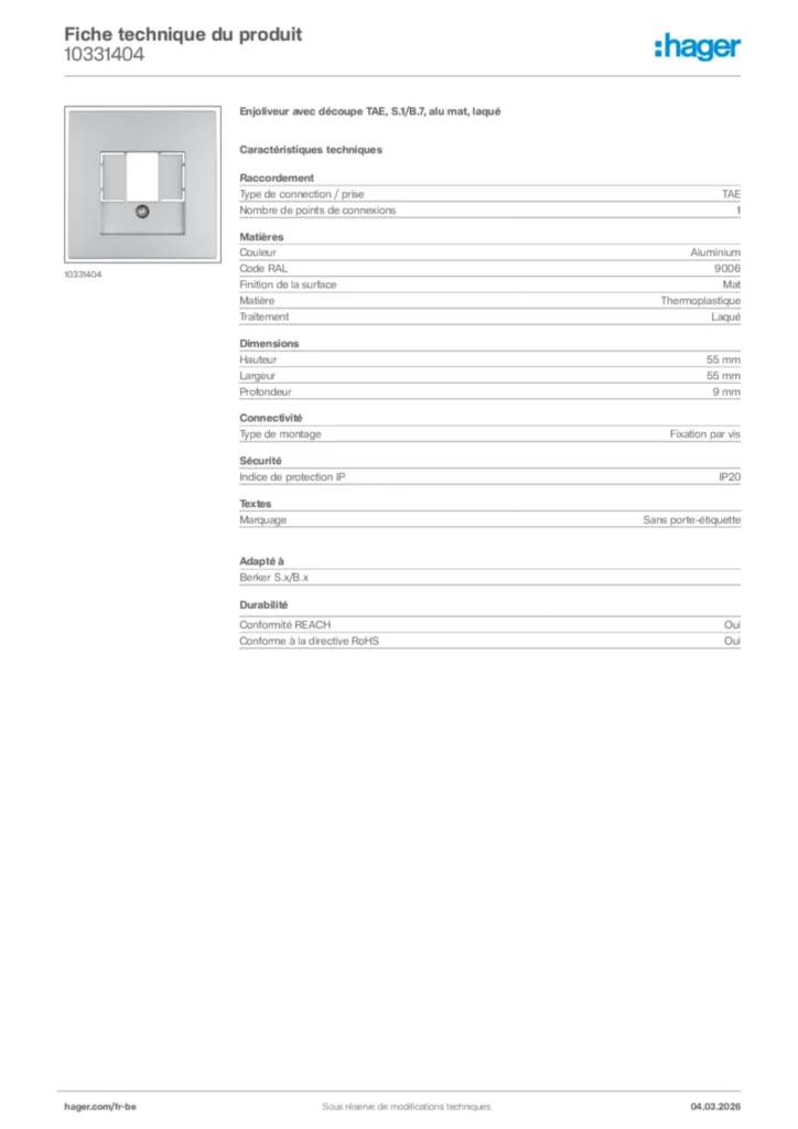 Image Hager Fiche technique du produit 10331404 | Hager Belgique