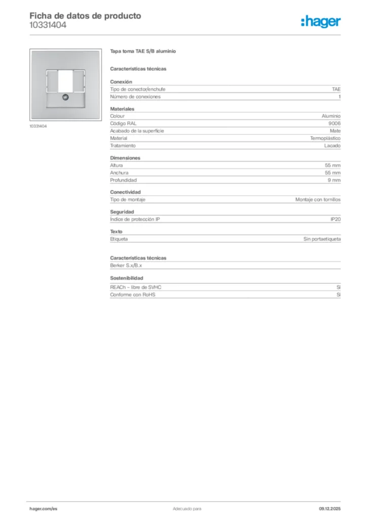Imagen Hager Ficha de datos de producto 10331404 | Hager España