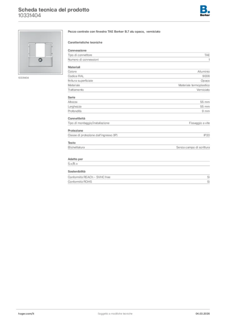 Immagine Berker Scheda tecnica del prodotto 10331404 | Hager Italia