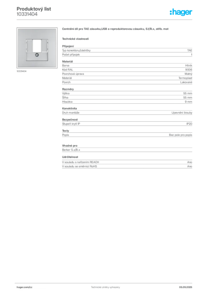 Obrázek Hager Produktový list 10331404 | Hager