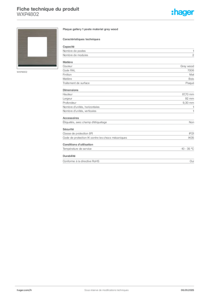 Image Hager Fiche technique du produit WXP4802 | Hager France