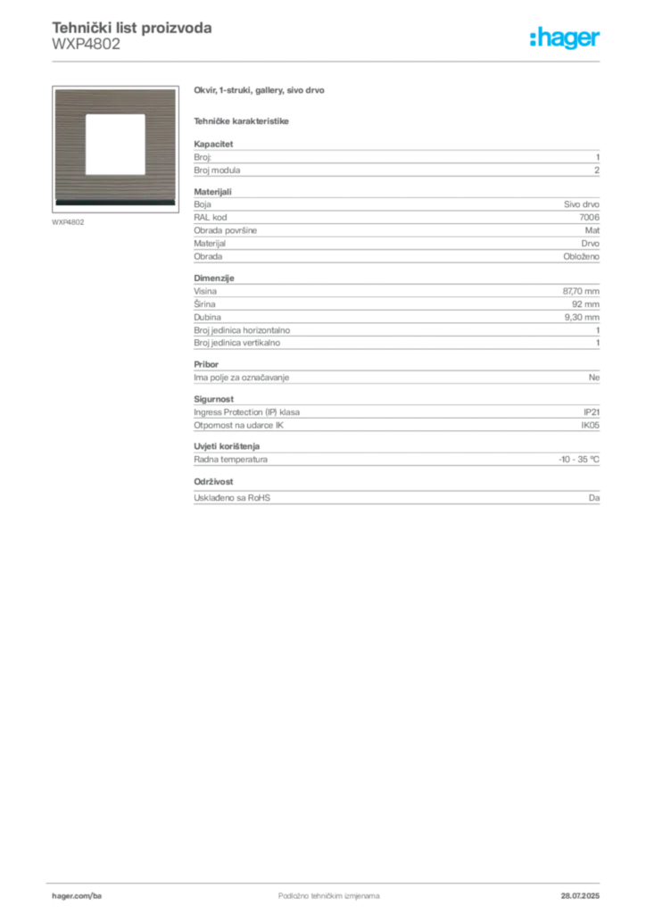 Slika Hager Product data sheet WXP4802  | Hager