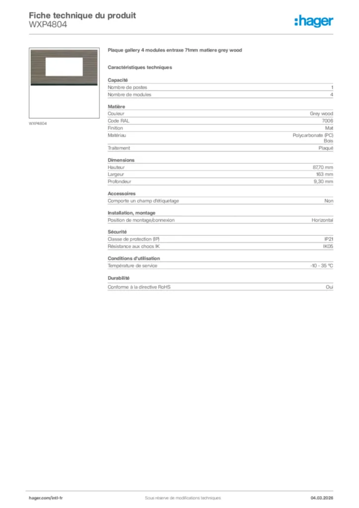 Image Hager Fiche technique du produit WXP4804 | Hager Afrique