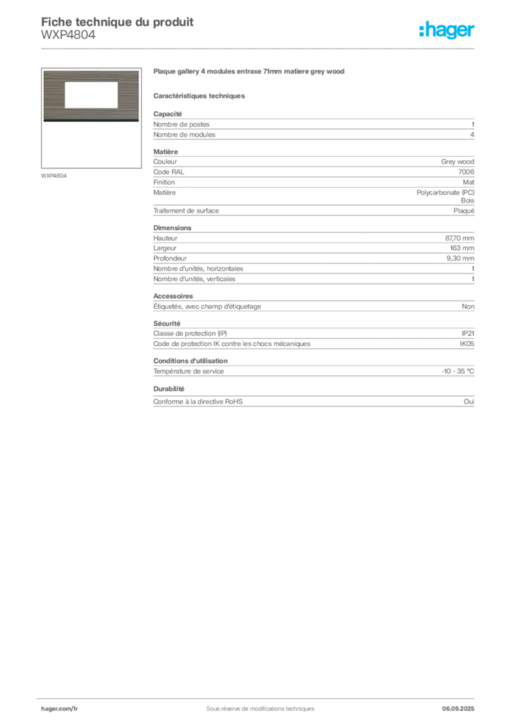 Image Hager Fiche technique du produit WXP4804 | Hager France