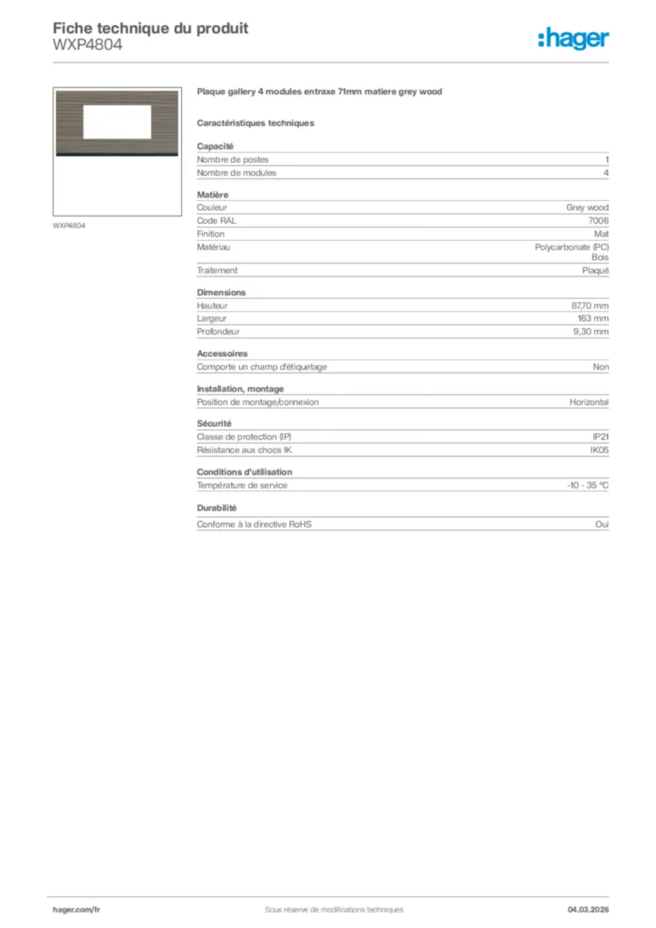 Image Hager Fiche technique du produit WXP4804 | Hager France