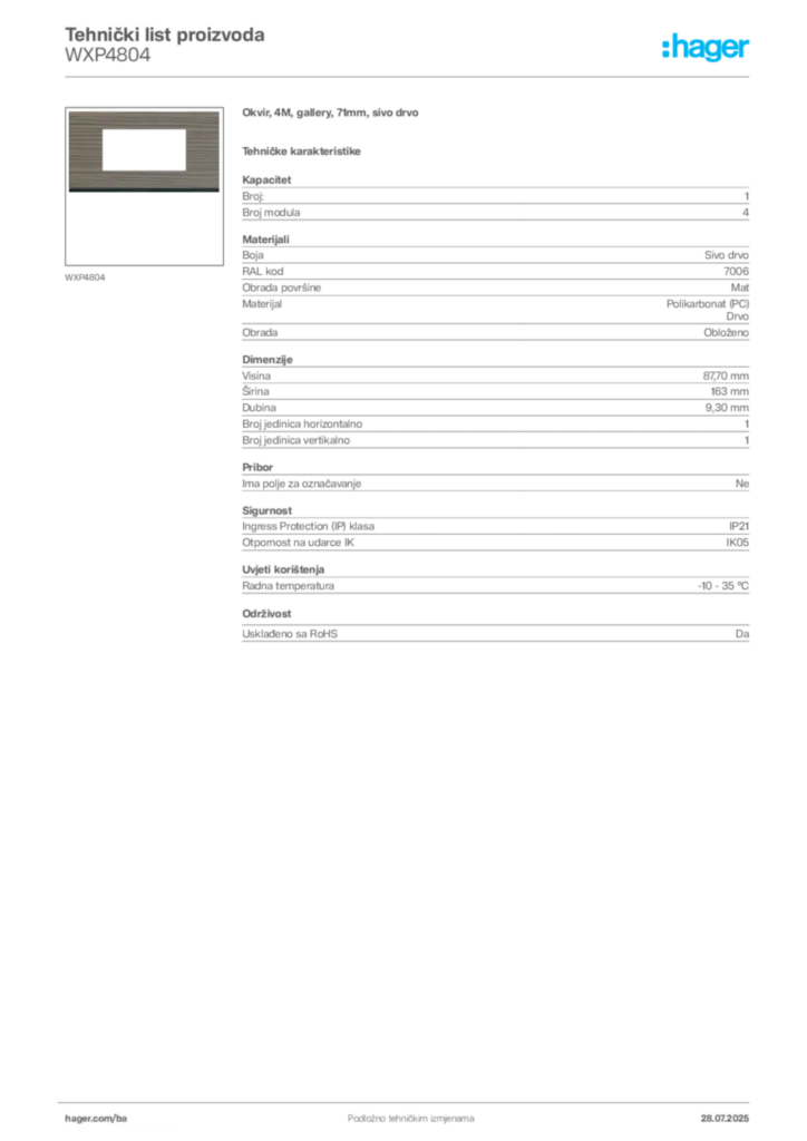 Slika Hager Product data sheet WXP4804  | Hager