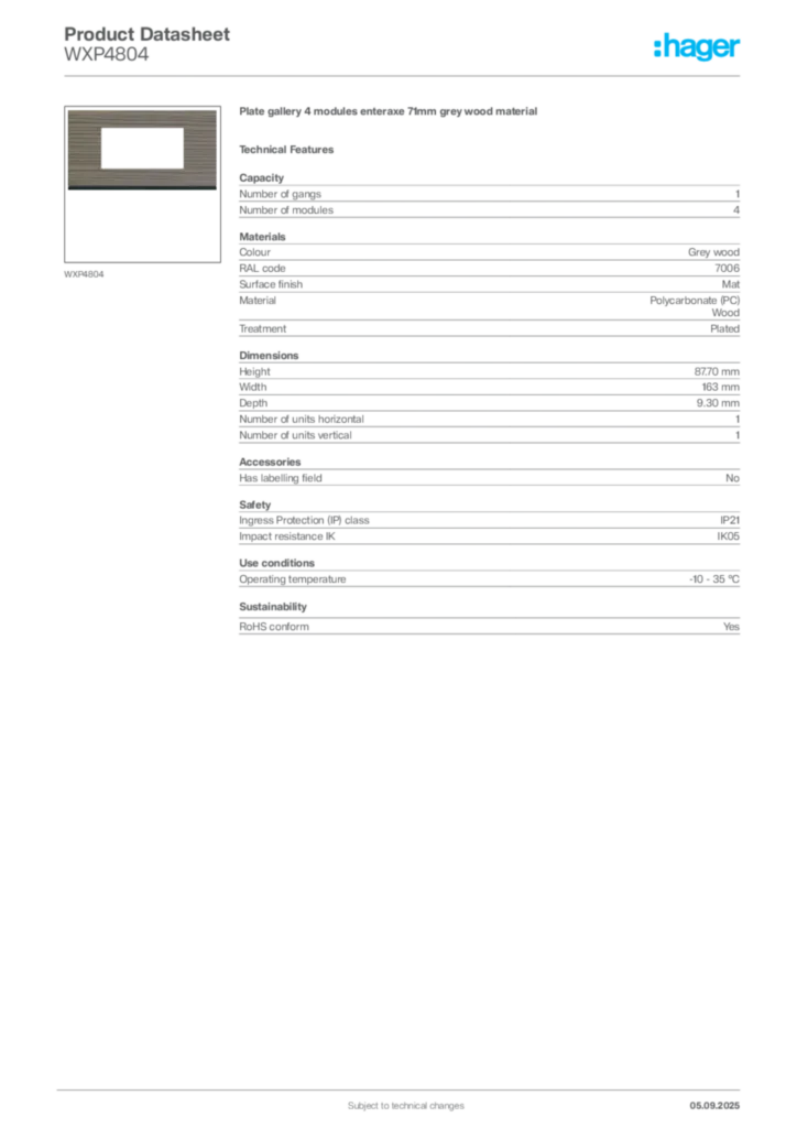 Image Hager Product data sheet WXP4804  | Hager