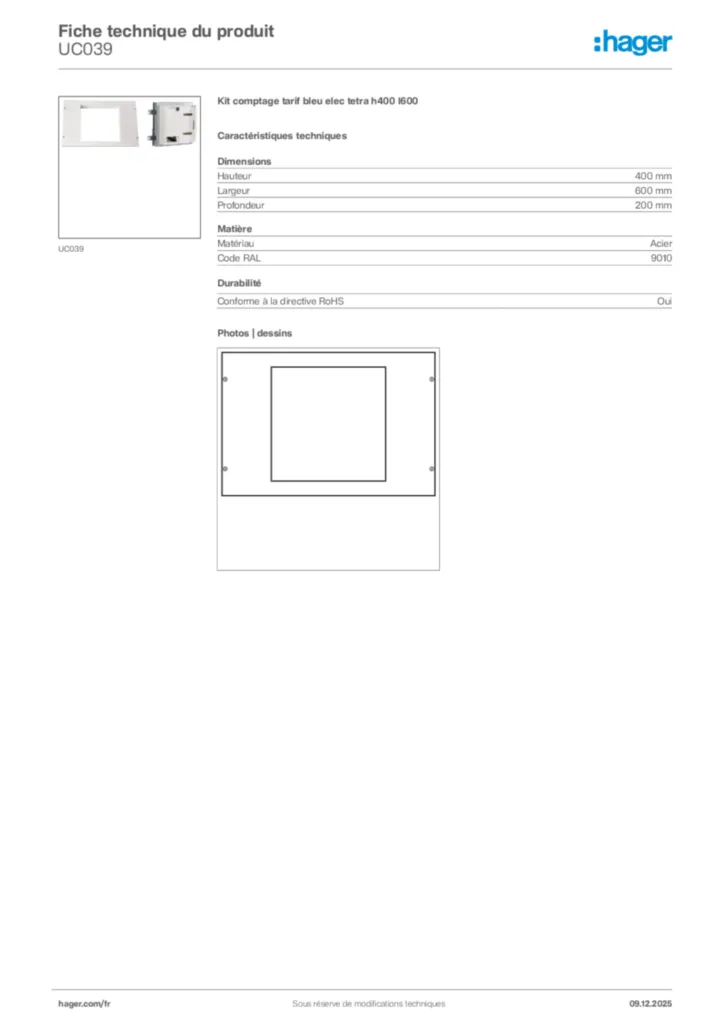 Image Hager Fiche technique du produit UC039 | Hager France