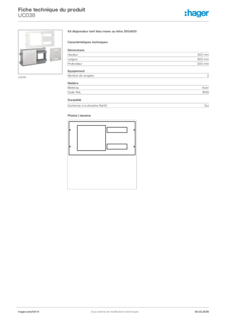 Image Hager Fiche technique du produit UC038 | Hager Afrique