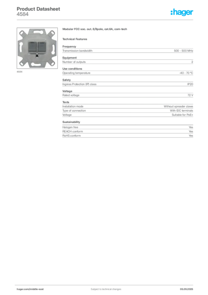 Image Hager Product data sheet 4584  | Hager