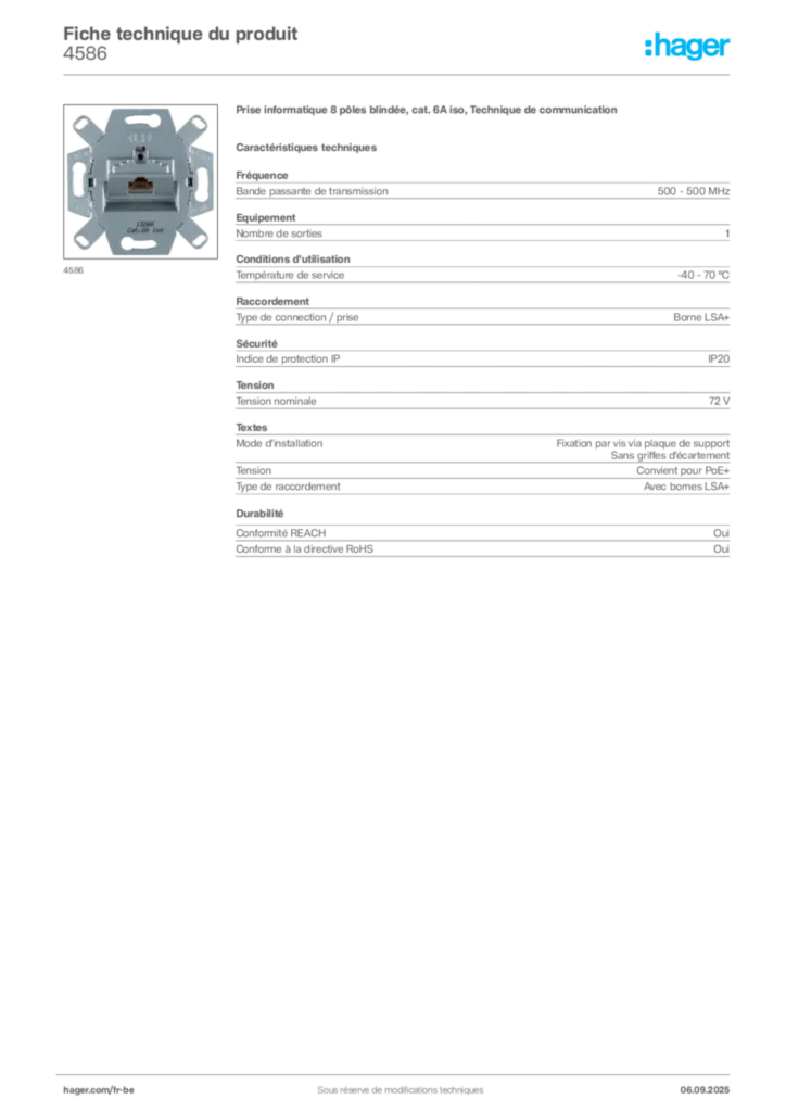 Image Hager Fiche technique du produit 4586 | Hager Belgique