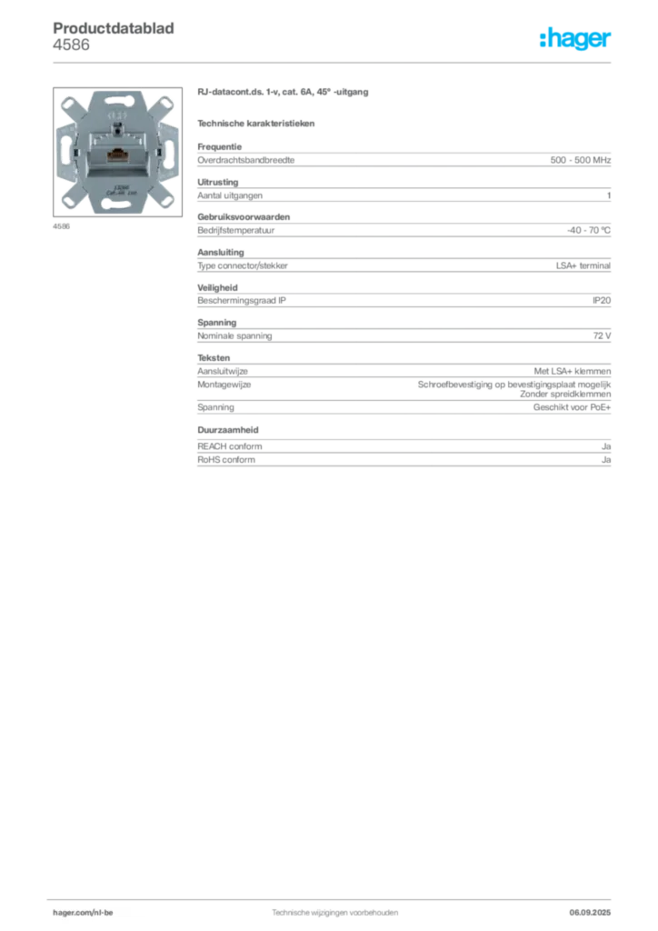 Afbeelding Hager Productdatablad 4586 | Hager Belgium