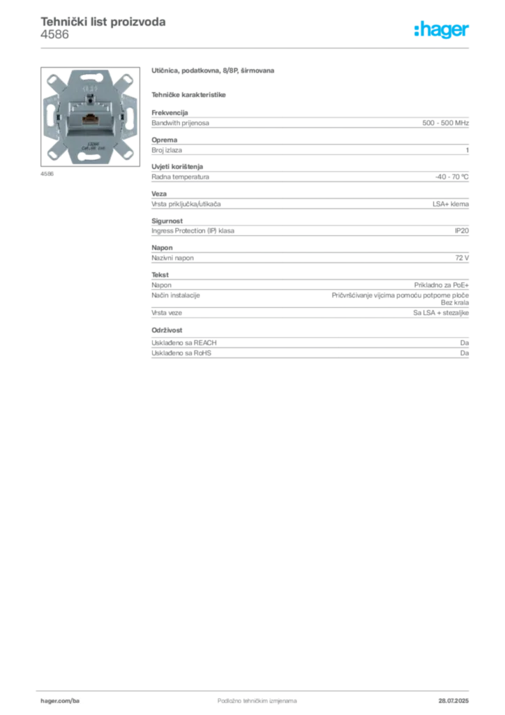 Slika Hager Product data sheet 4586  | Hager