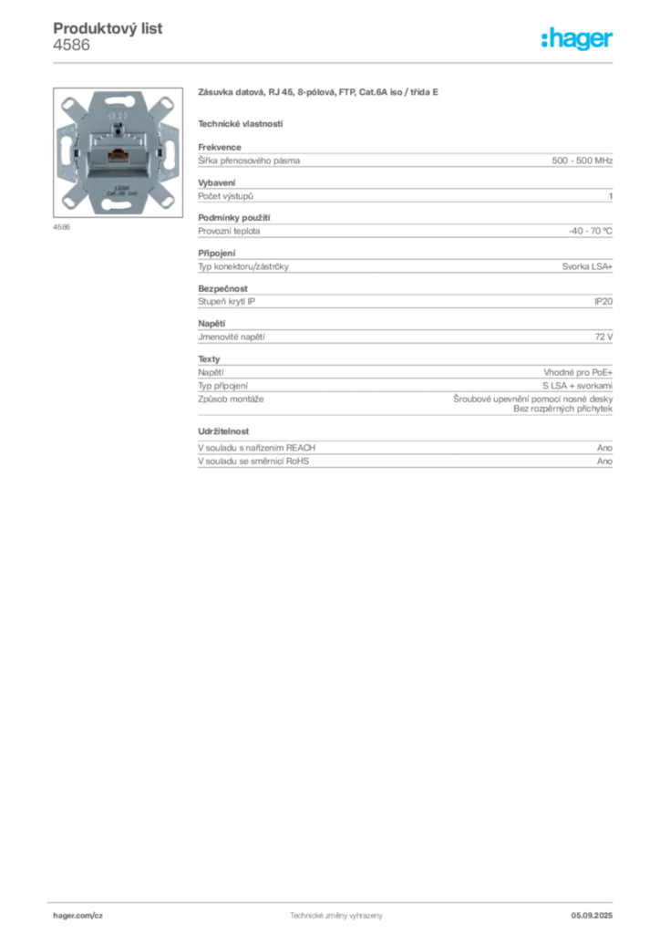 Obrázek Hager Produktový list 4586 | Hager