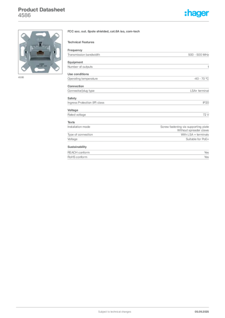 Image Hager Product data sheet 4586  | Hager