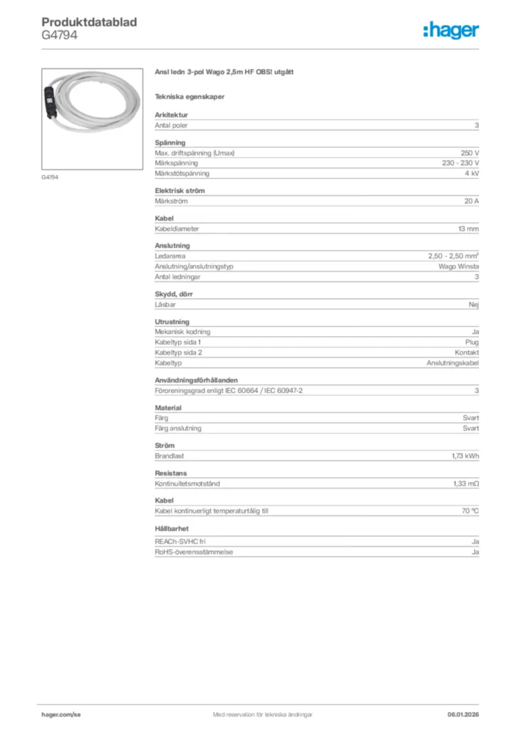 Bild Hager Produktdatablad G4794 | Hager Sverige