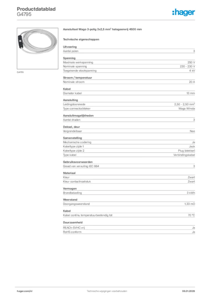 Afbeelding Hager Productdatablad G4795 | Hager Nederland