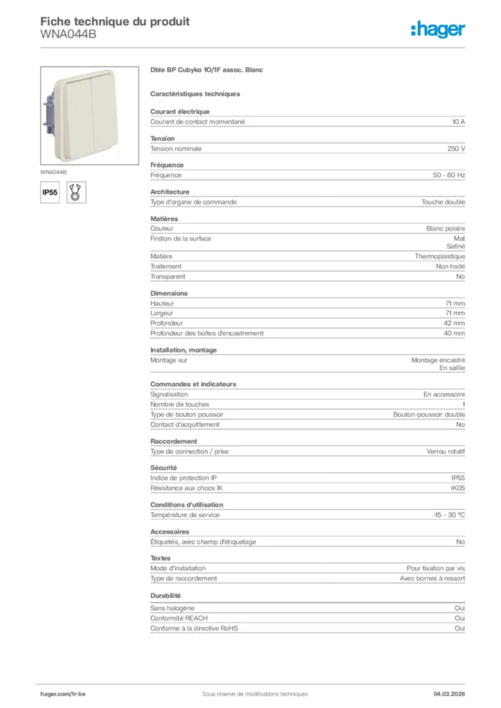 Image Hager Fiche technique du produit WNA044B | Hager Belgique
