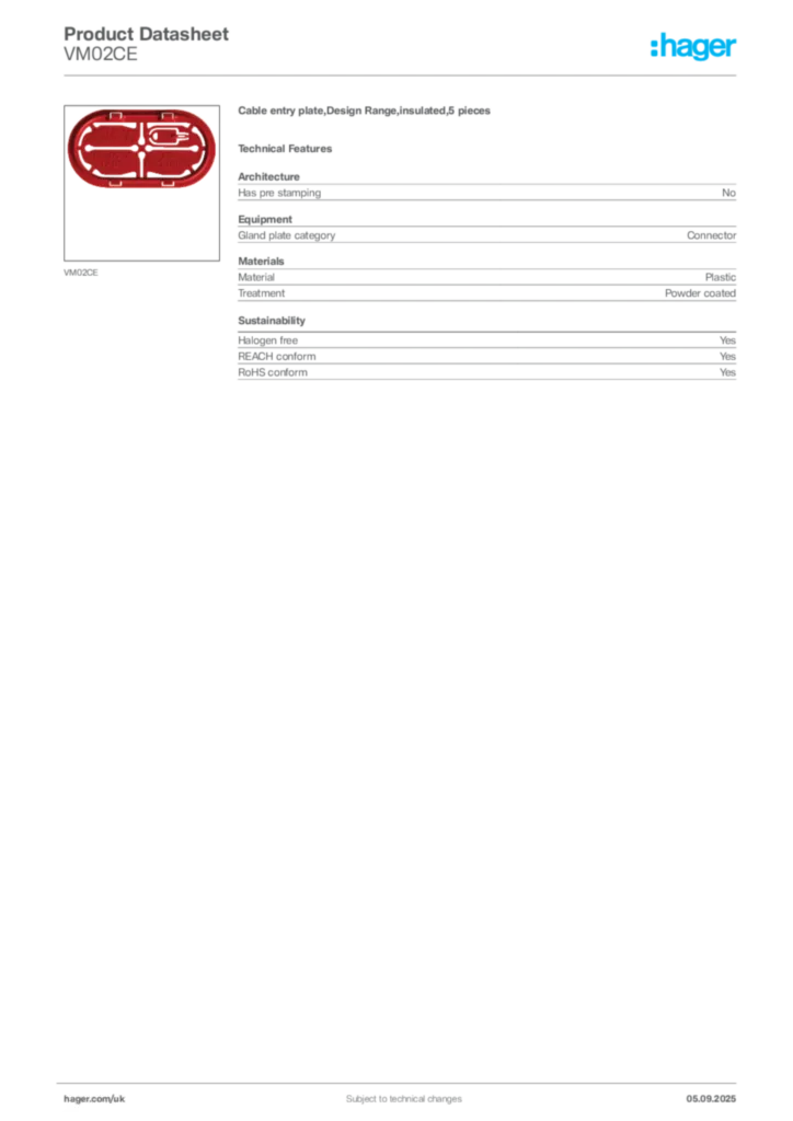 Image Hager Product data sheet VM02CE  | Hager