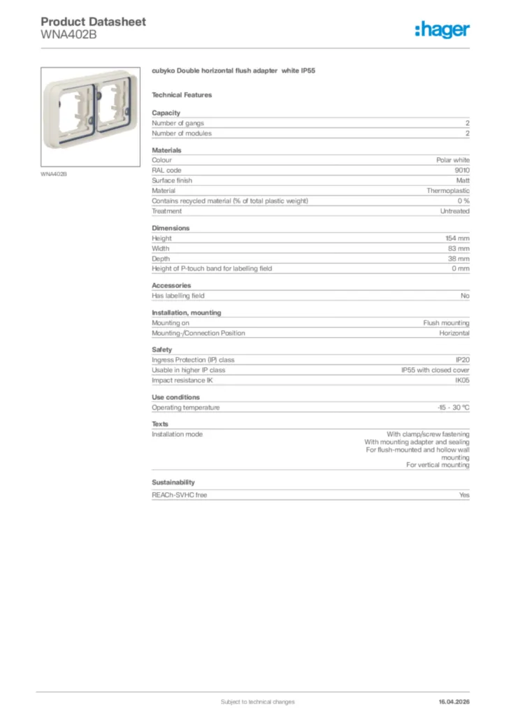 Image Hager Product data sheet WNA402B  | Hager Africa