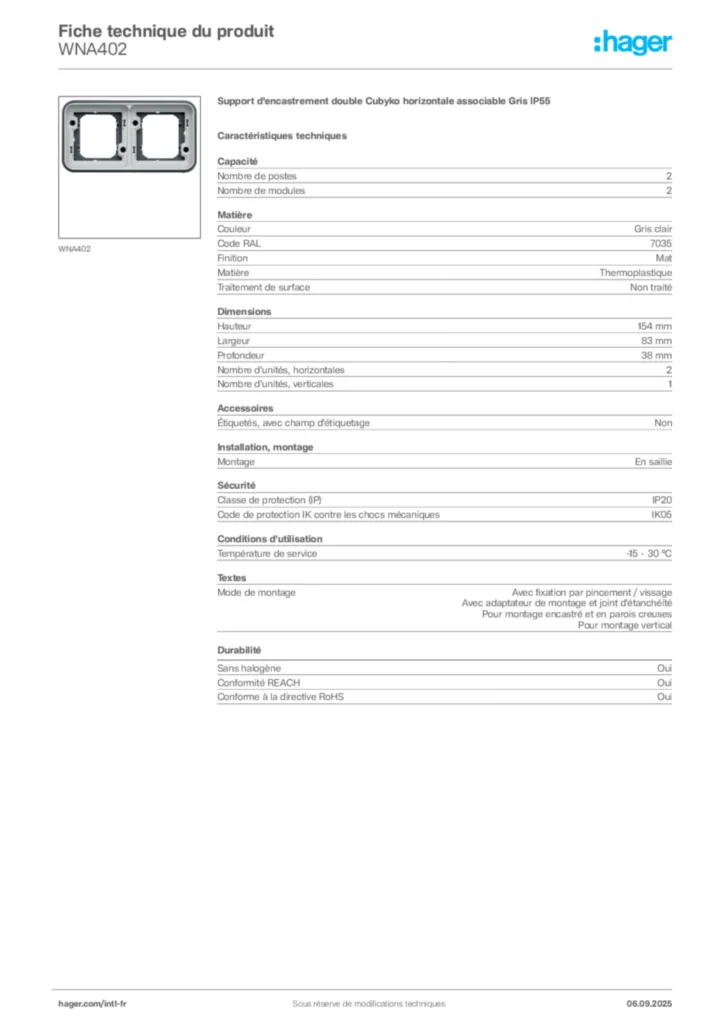 Image Hager Fiche technique du produit WNA402 | Hager Afrique