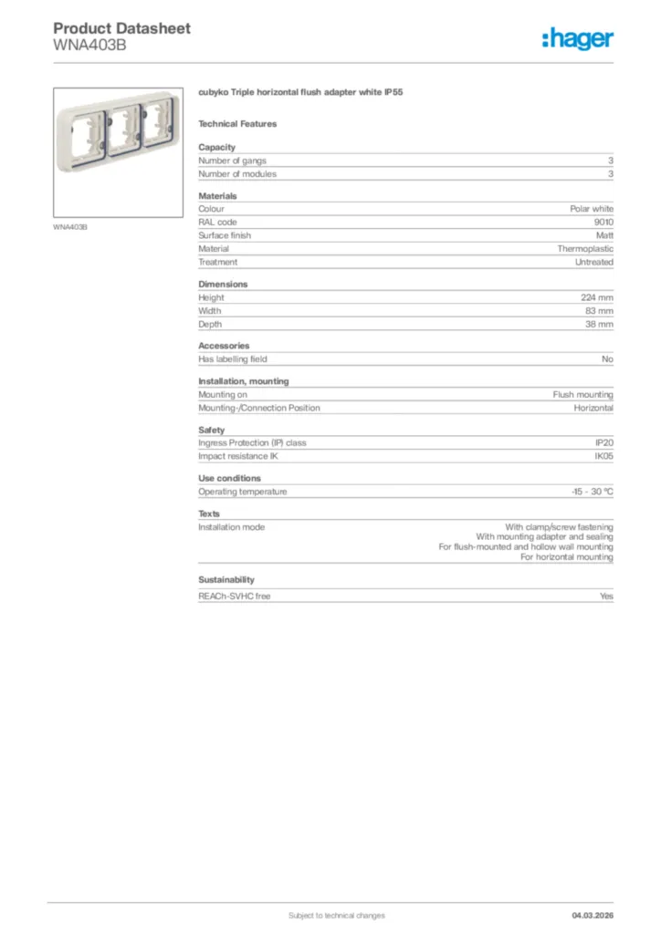 Image Hager Product data sheet WNA403B  | Hager Africa