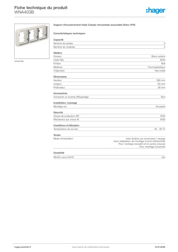 Image Hager Fiche technique du produit WNA403B | Hager Afrique