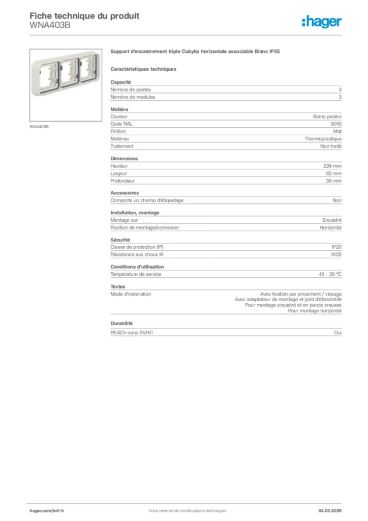 Image Hager Fiche technique du produit WNA403B | Hager Afrique