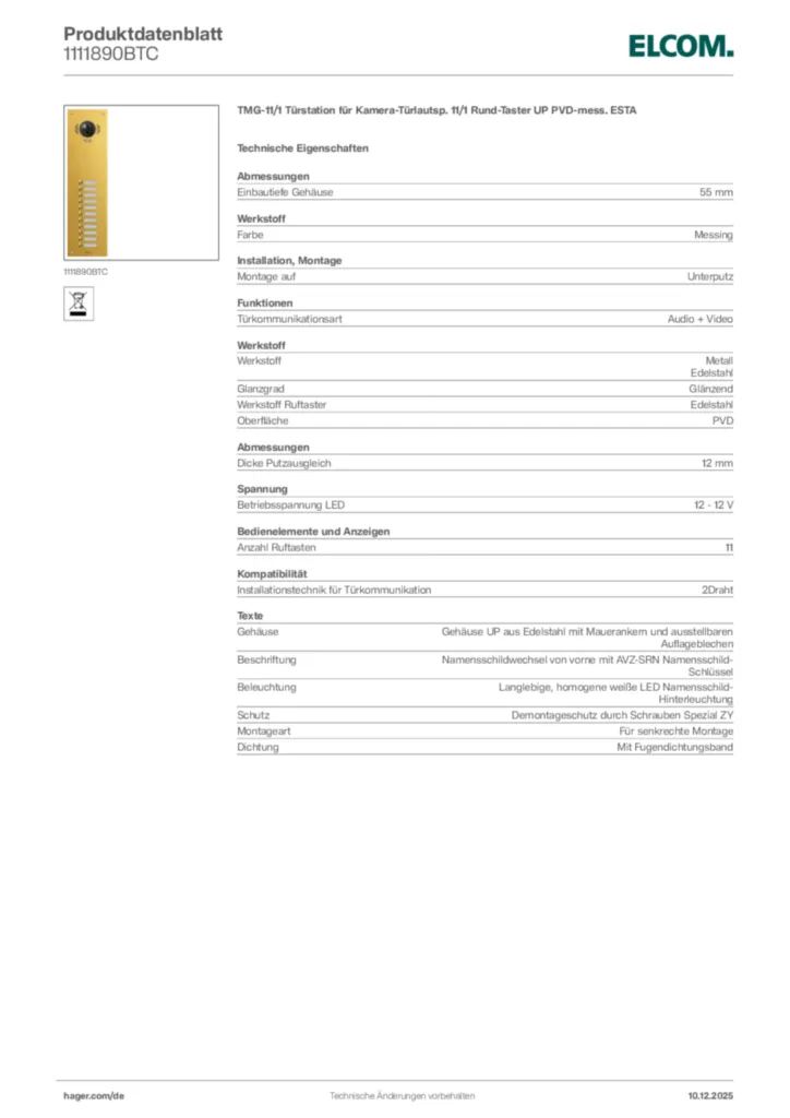 Bild Elcom Produktdatenblatt 1111890BTC | Hager Deutschland