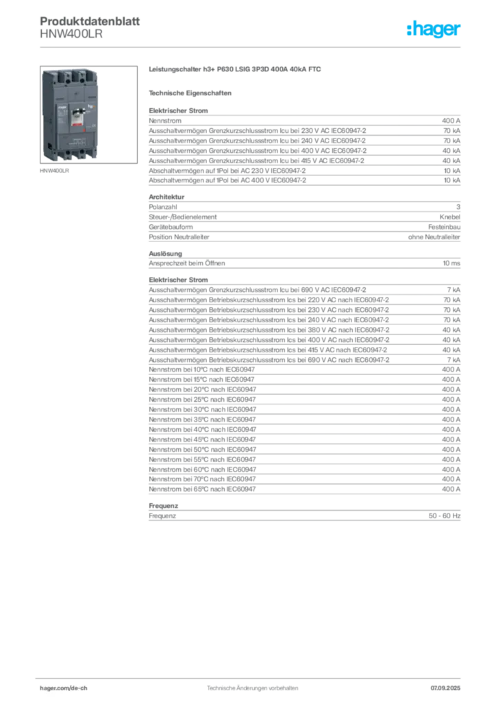 Bild Hager Produktdatenblatt HNW400LR | Hager Schweiz