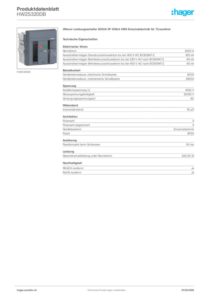 Bild Hager Produktdatenblatt HW2S320DB | Hager Schweiz