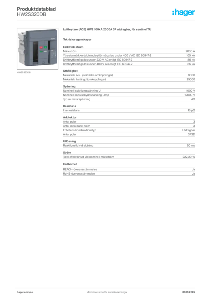 Bild Hager Produktdatablad HW2S320DB | Hager Sverige