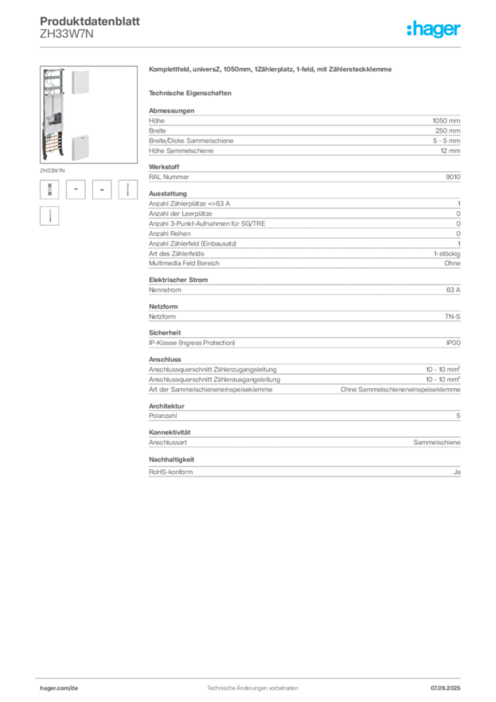 Bild Hager Produktdatenblatt ZH33W7N | Hager Deutschland