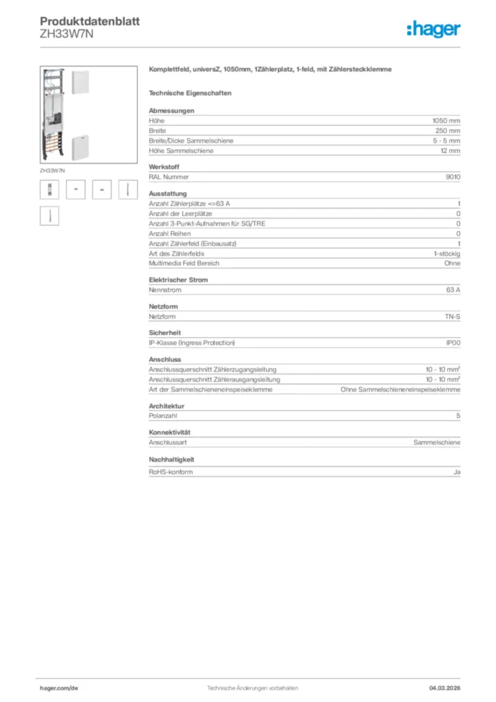 Bild Hager Produktdatenblatt ZH33W7N | Hager Deutschland