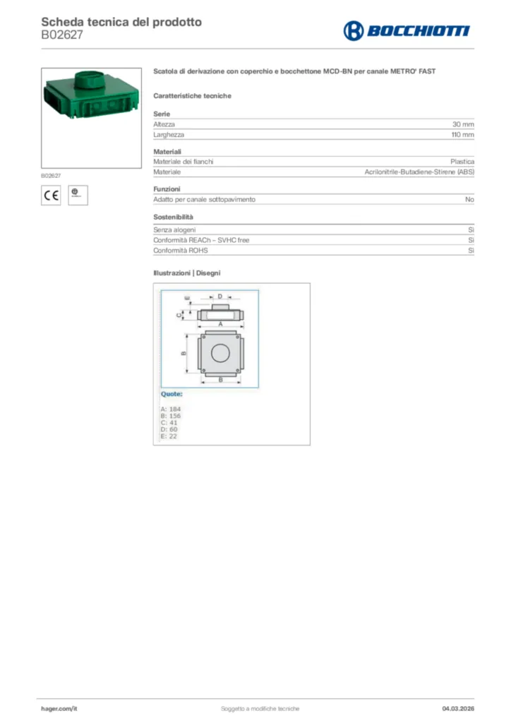 Immagine Bocchiotti Scheda tecnica del prodotto B02627 | Hager Italia