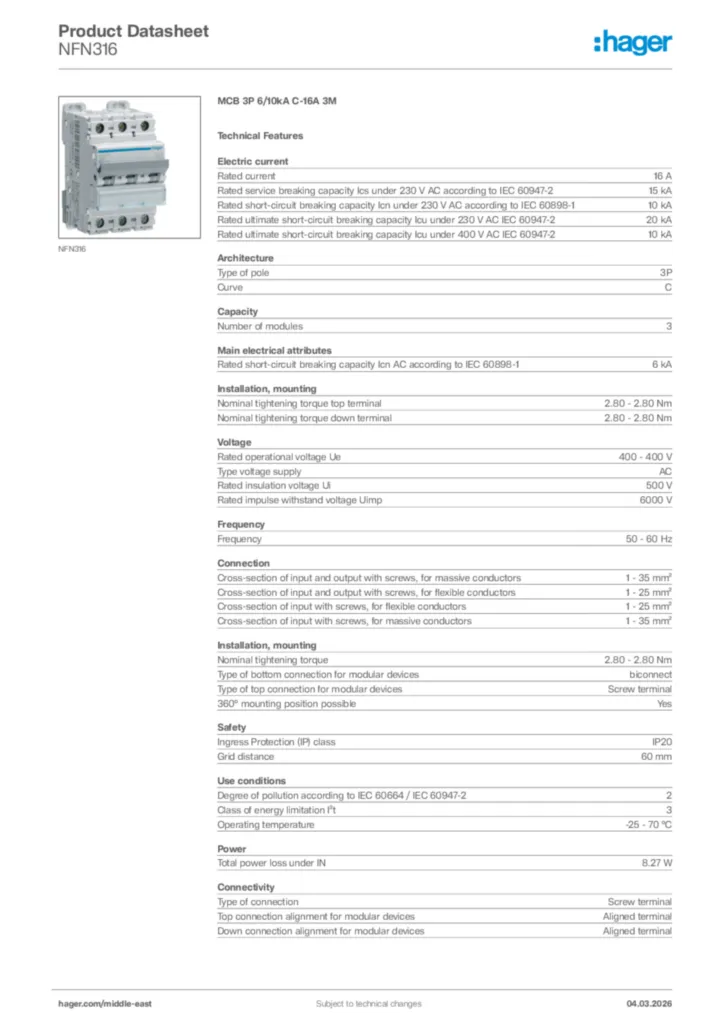 Image Hager Product data sheet NFN316  | Hager