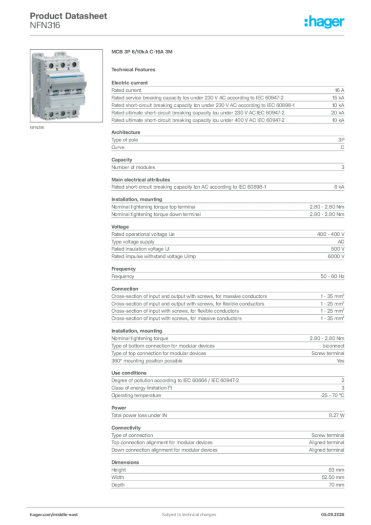 Image Hager Product data sheet NFN316  | Hager